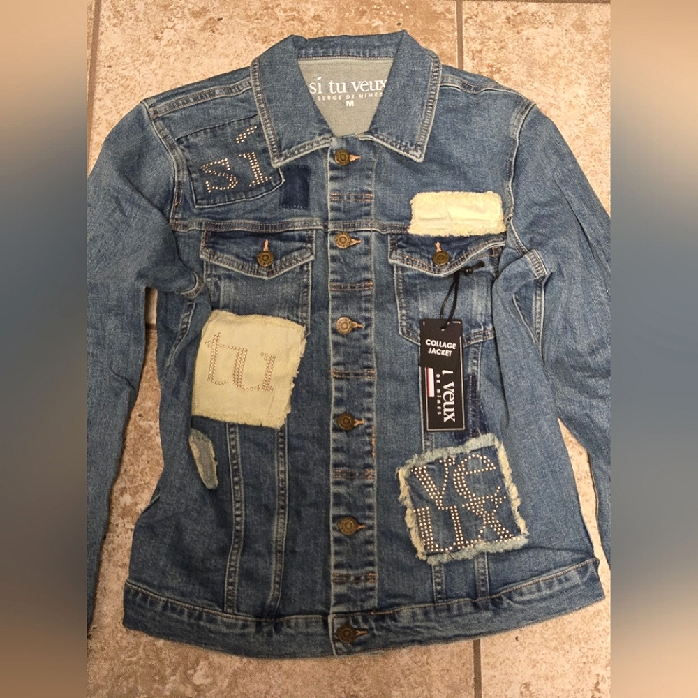 NWT Si Tu Veux Collage Jean Jacket, Medium
